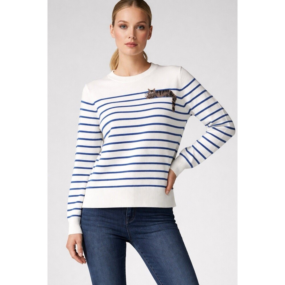 Anthro Calligraphie Womens Large Cat Sweater Novelty Striped Knit White Blue NEW